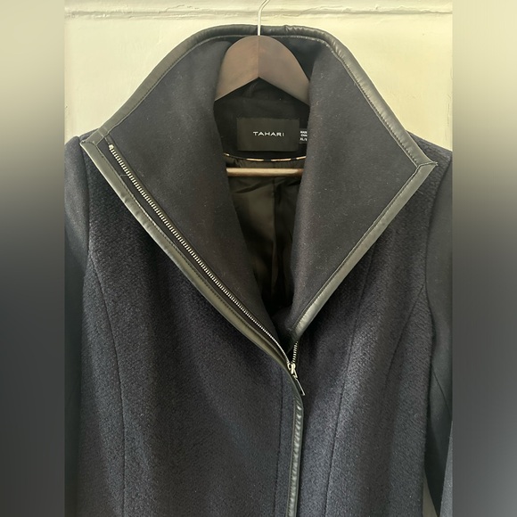 NWT Tahari Elaine Navy Blue Belted Wool Coat with Faux Leather Trim - Picture 7 of 11